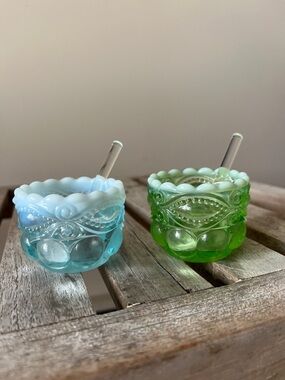 Vintage Opalescent Glass Salt Cellars w/ Spoons Set of 2 | Westmoreland Style